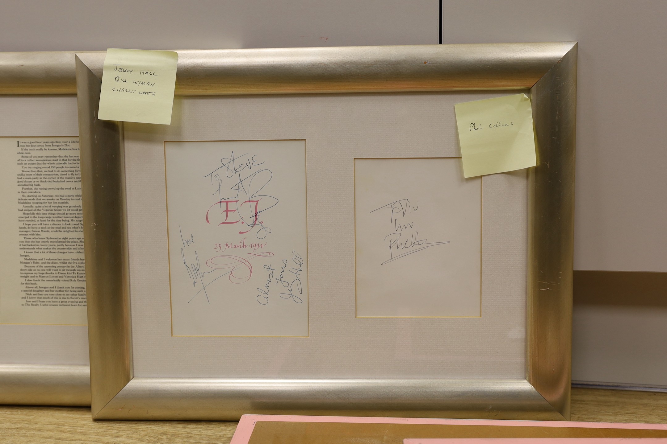 A collection of mostly framed autographs to include an event card from Elton John, 25 March 1994 signed by Charlie Watts, Jerry Hall and Jerry Hall, together with autographs by David Bowie, Phil Collins, David Bailey, Da